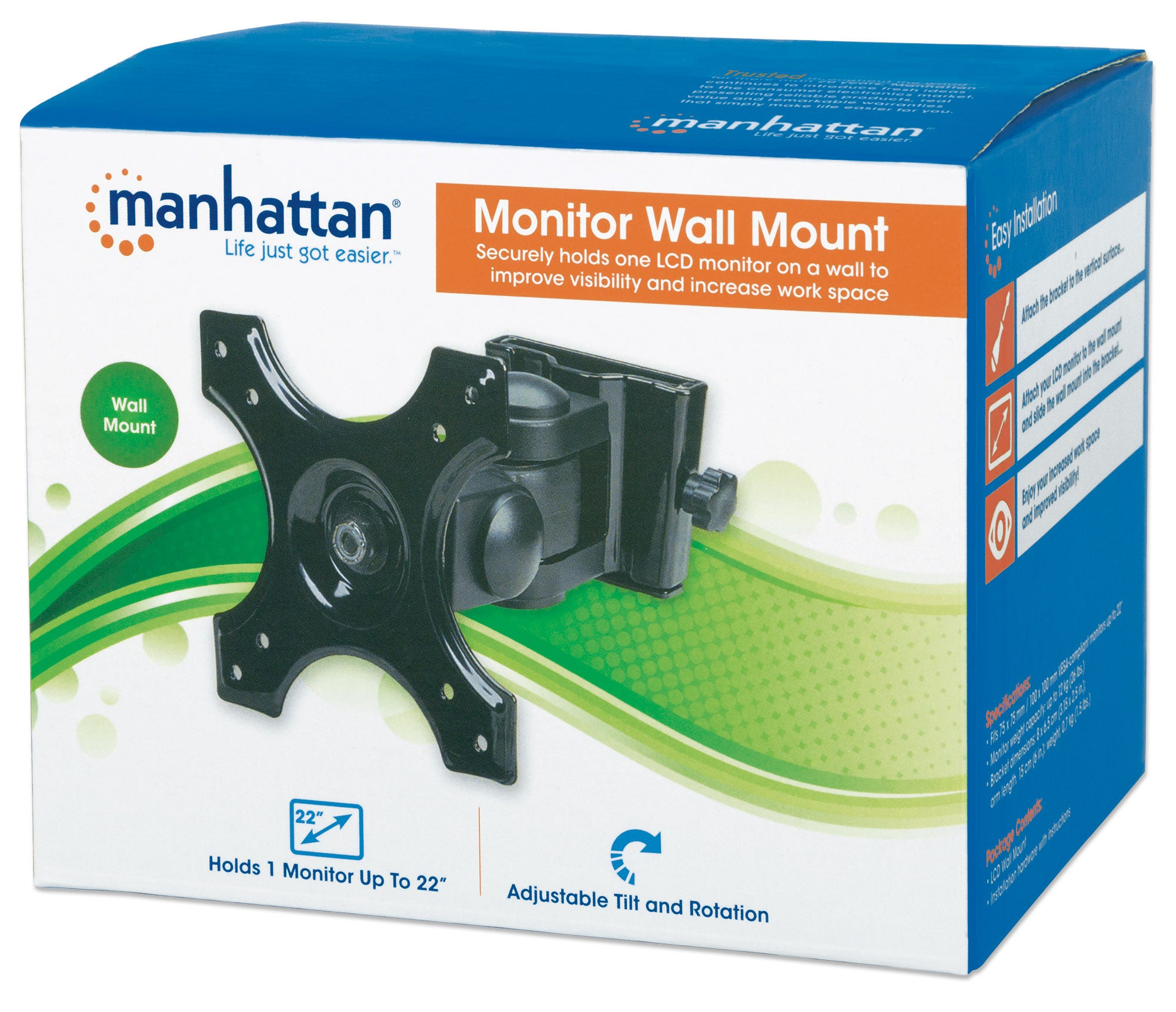 Manhattan Monitor/TV Wall Mount (2 pivots &amp; tiltable), 1 screen, 13-27&quot;, Vesa 75x75 to 100x100mm, 12kg, Black, Box