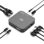 Port Designs Port Connect Universal Travel dock. Includes 2 x HDMI ports; 1 x powered Type- C port; 1 x 100w power supply (support for up to 85w power delivery); 2 x 10gb Type-C ports; 4 x USB-A; 1 x RJ-45 and 1 x 3.5mm audio jack. Plug & play setup