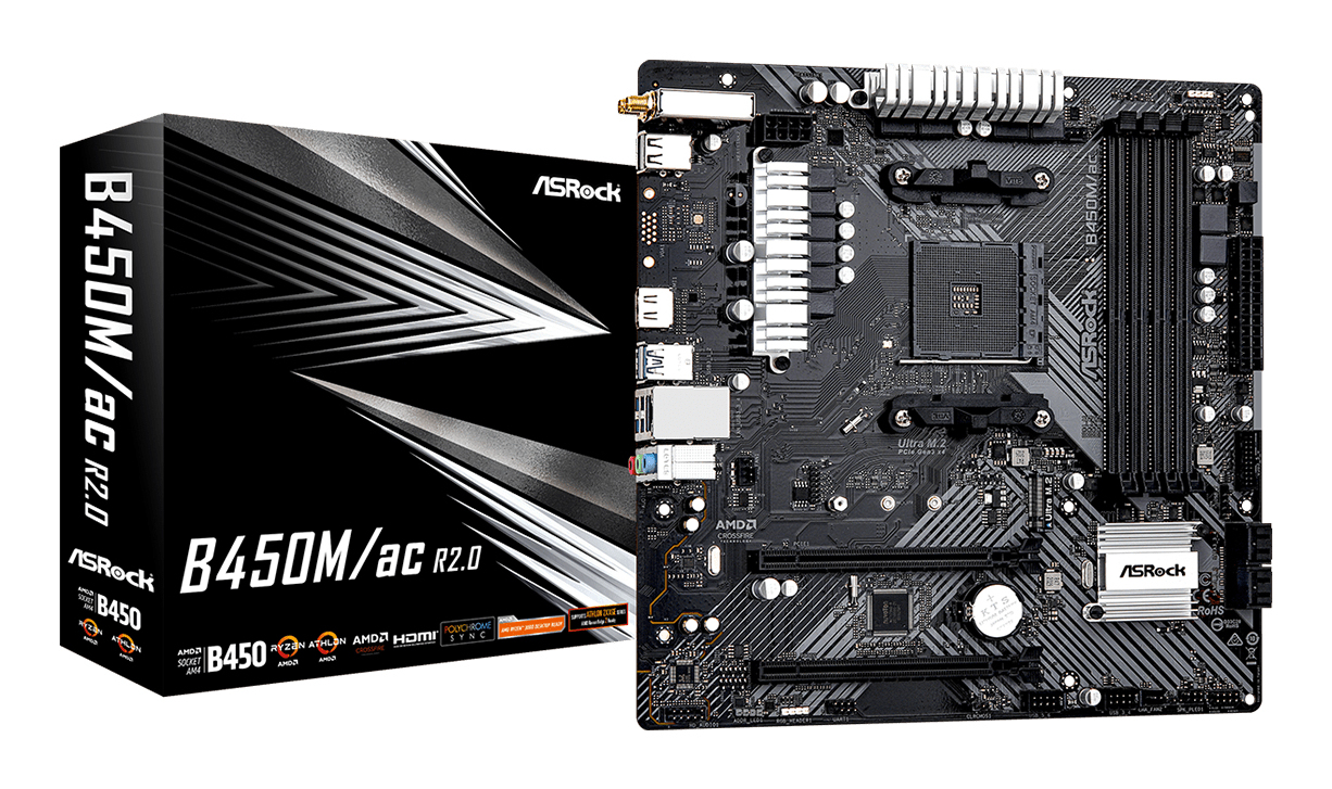 B450M/AC R2.0 ASROCK B450M/AC R2.0, AMD B450, AM4, Micro ATX, 4 DDR4, HDMI, GB LAN, AC Wi-Fi, 1x M.2