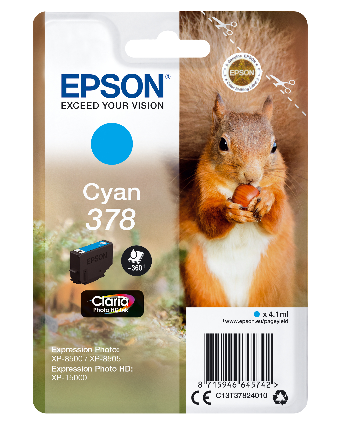 Image of Epson C13T37824010/378 Ink cartridge cyan, 360 pages 4,1ml for...