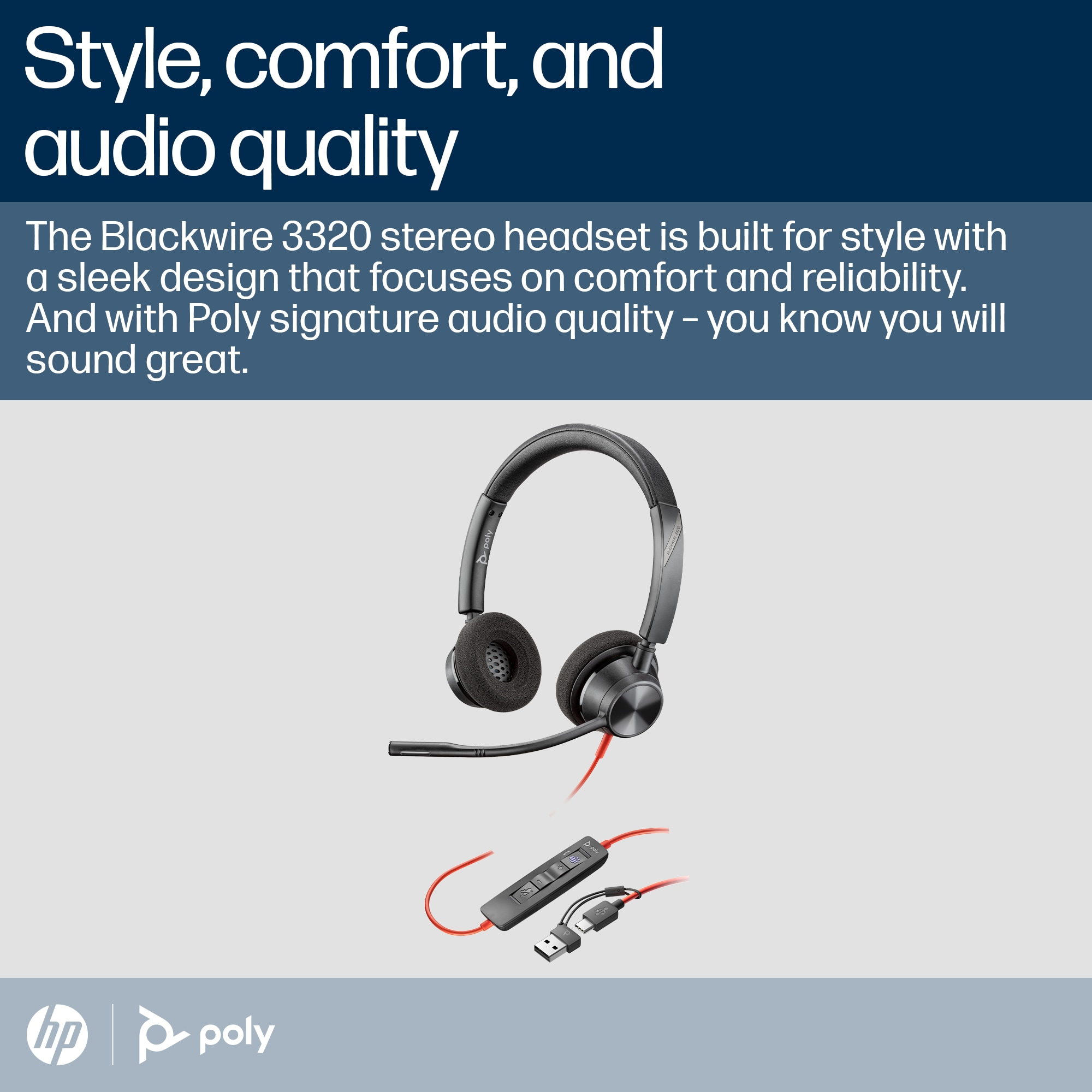 Poly Blackwire 3320 Stereo Microsoft Teams Certified USB-C Headset +USB-C/A Adapter