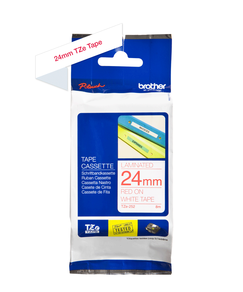 Brother TZE-252 DirectLabel red on white Laminat 24mm x 8m for Brother P-Touch TZ 3.5-24mm/HSE/36mm/6-24mm/6-36mm