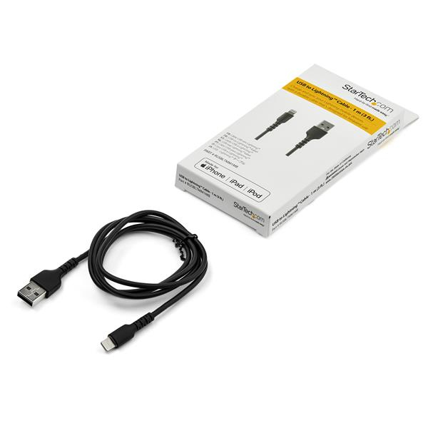 StarTech.com 1m USB A to Lightning Cable - Durable Black USB Type A to Lightning Connector Charge and Sync Charger Cord - Rugged w/Aramid Fiber - Apple MFI Certified - iPad Air iPhone 11