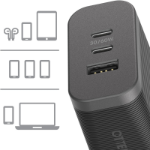 OTTERBOX 72W Triple Port Premium Pro PD Fast GaN Wall Charger - Black (78-81038), 1x USB-A (12W), 2x USB-C 30W (60W Shared), PPS, 2 Years Warranty