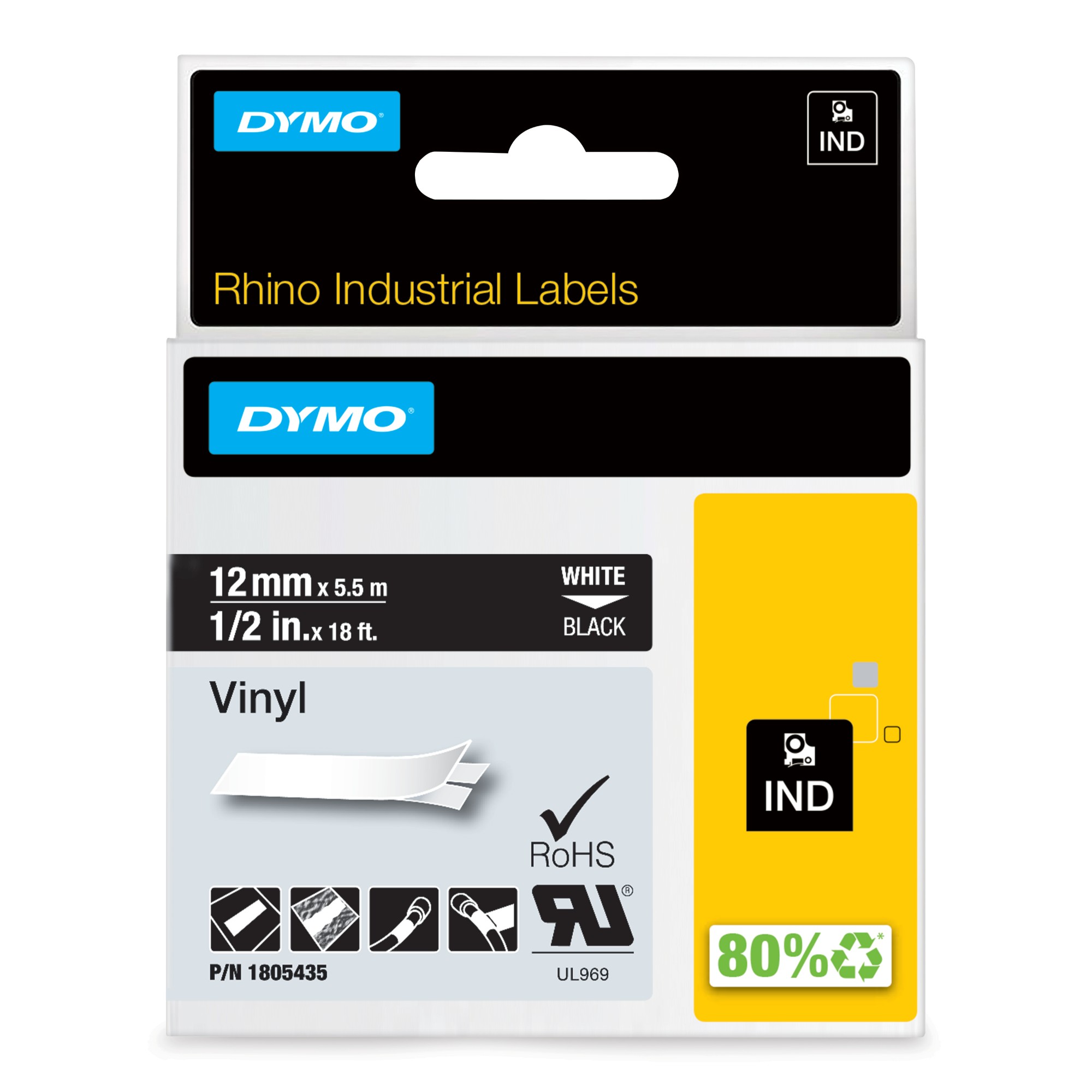 Dymo 1805435 Ribbon Vinyl white on black 12mmx5,5m for Dymo Rhino 6-12mm/19mm/24mm
