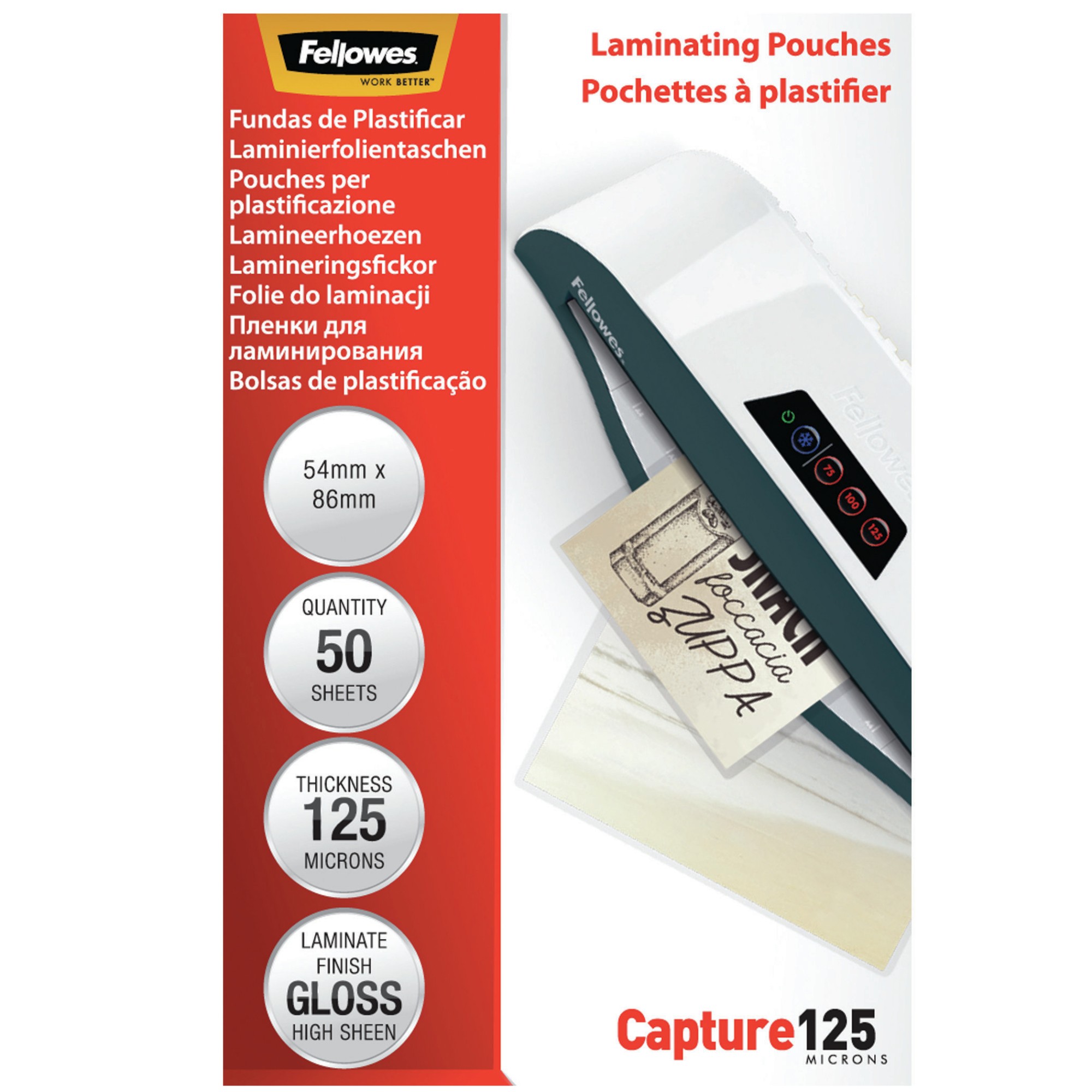 Fellowes Glossy 125 Micron Card Laminating Pouch - 54X86mm