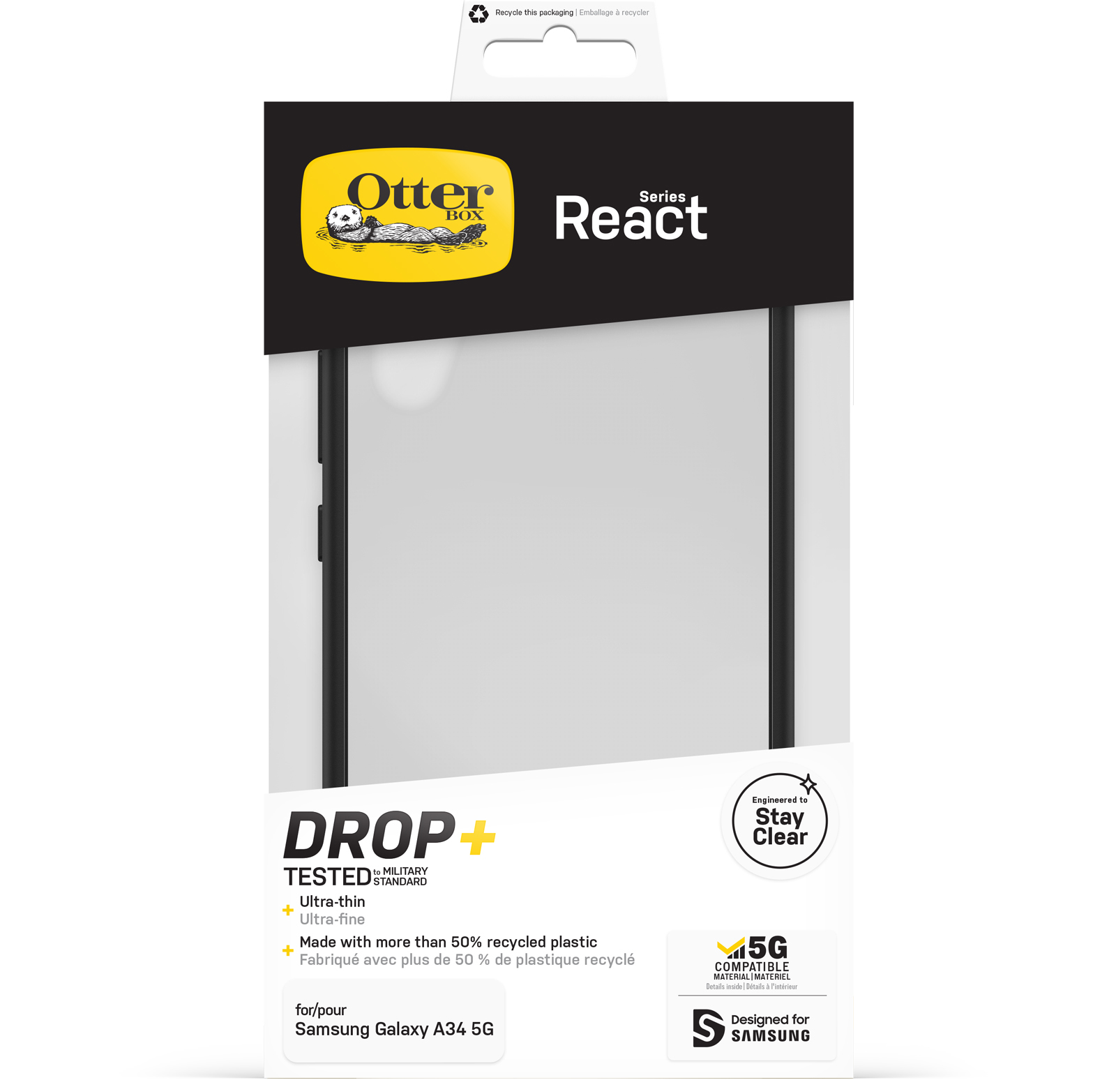 OtterBox React Case for Galaxy A34 5G, Shockproof, Drop proof, Ultra-Slim, Protective Thin Case, Tested to Military Standard, Antimicrobial Protection, Black Crystal