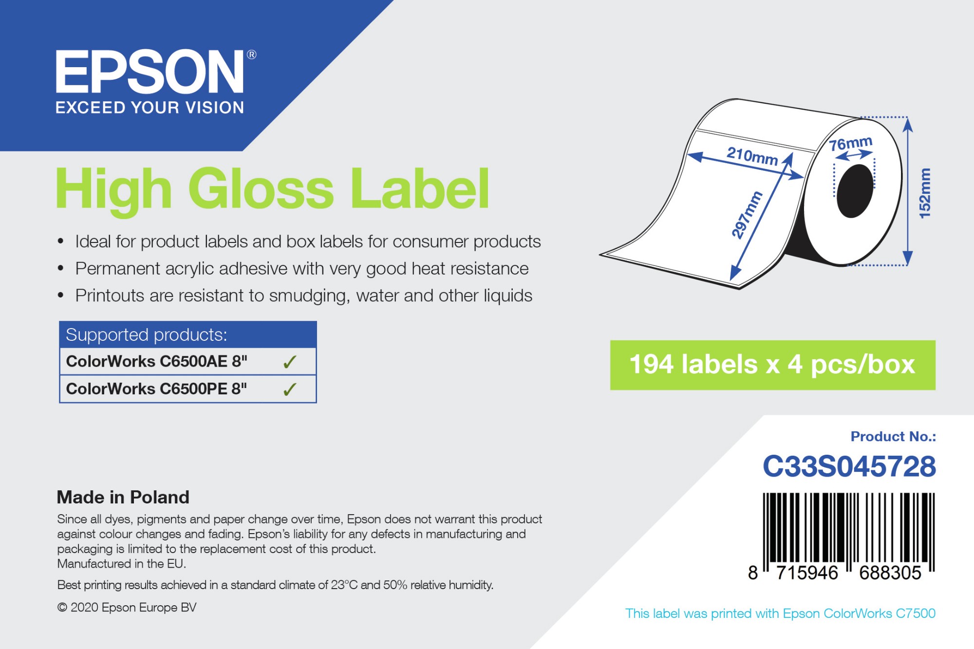 Epson C33S045728 printer label White Self-adhesive printer label