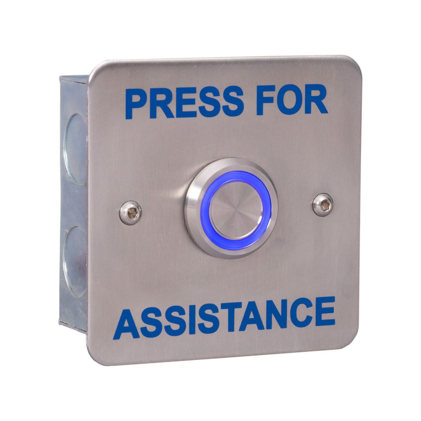 Flush fitting stainless steel  plate, blue text PRESS FOR  ASSISTANCE. 25mm illuminated BLUE piezo switch. IP68 rated switch. Momentary