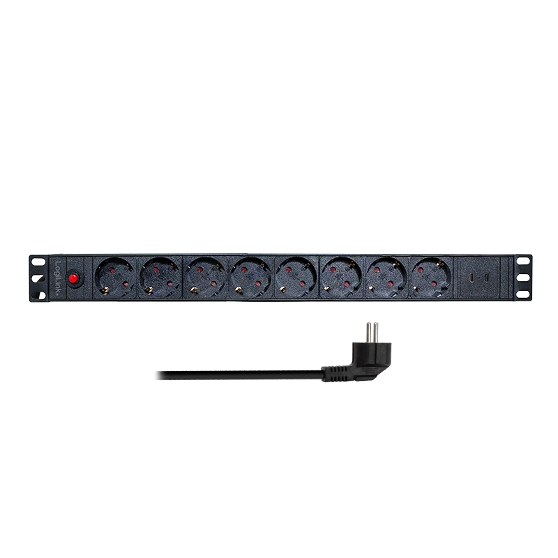 LogiLink 19" PDU 8x CEE 7/3 socket, 2x USB-C port and overload protection
