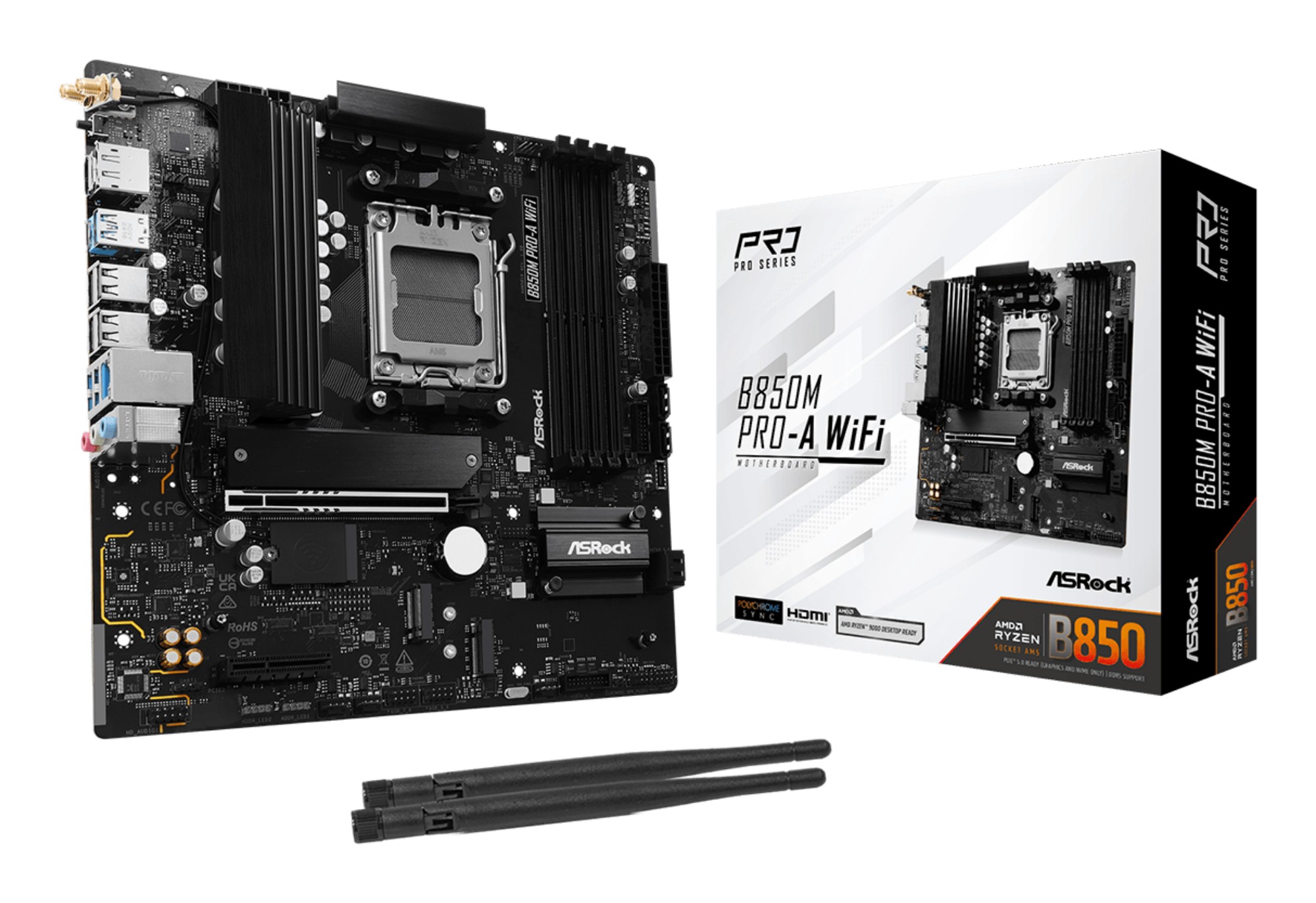 B850M PRO-A WIFI ASROCK B850M PRO-A WIFI, AMD B850, AM5, Micro ATX, 4 DDR5, HDMI, DP, Wi-Fi 6E, 2.5G LAN, 3x M.2