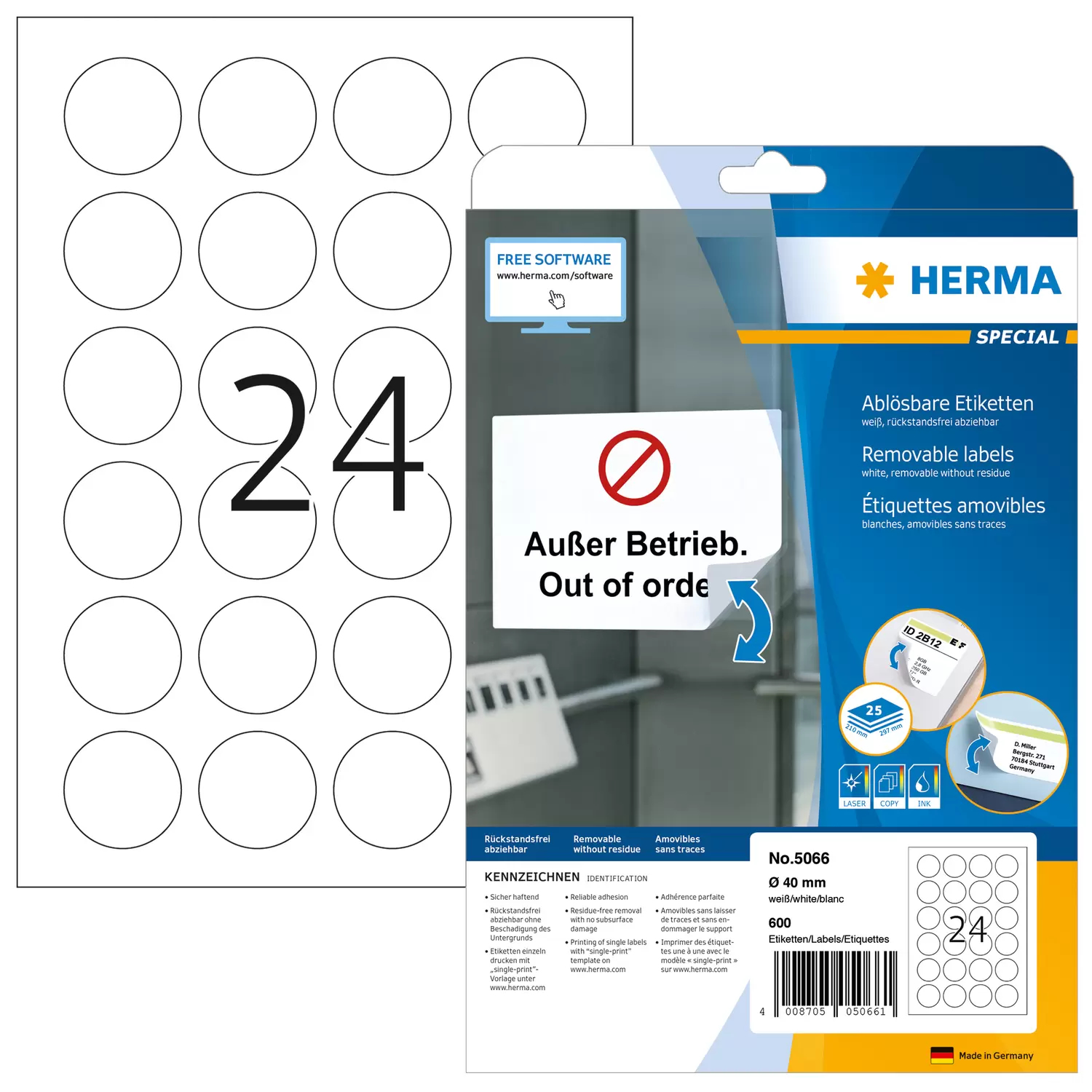 Image of HERMA Removable labels A4 Ø 40 mm round white Movables/removable...