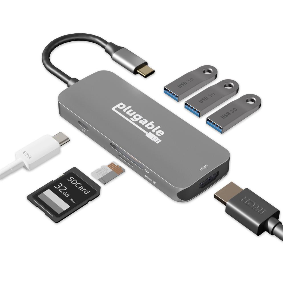 Image of Plugable Technologies USB C Hub Multiport Adapter, 7-in-1 Hub, 87W...
