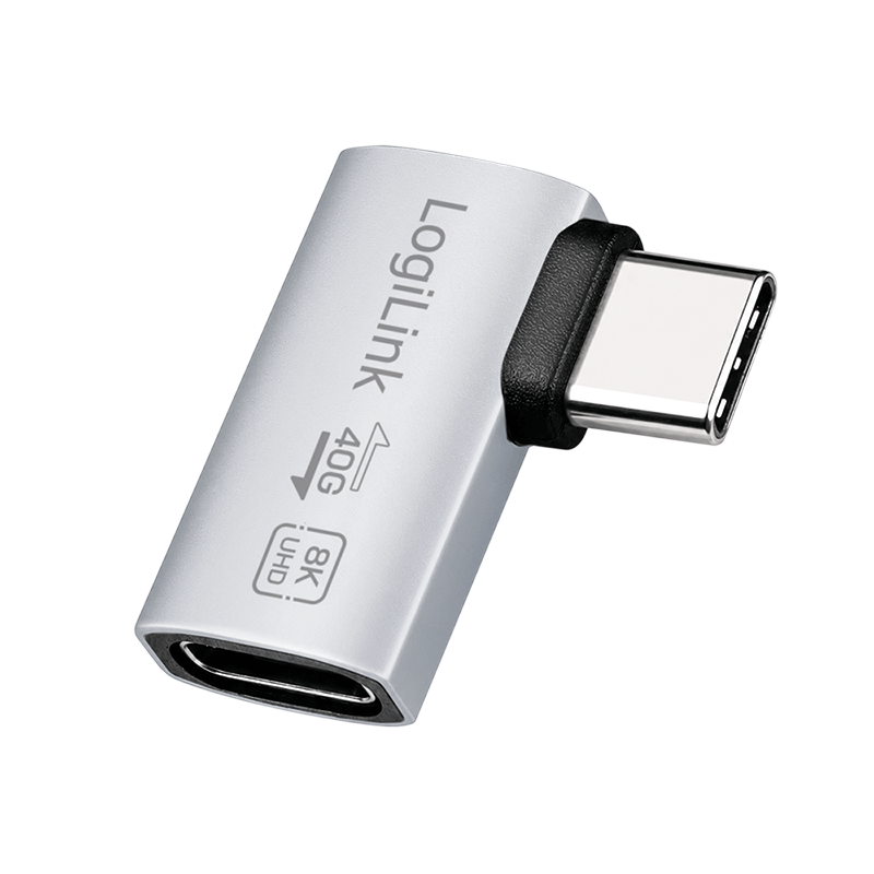 LogiLink USB 4 Type-C adapter 90� L/R, C/M to C/F, 40 Gbps, 240W, 8K/60 Hz, alu, silver