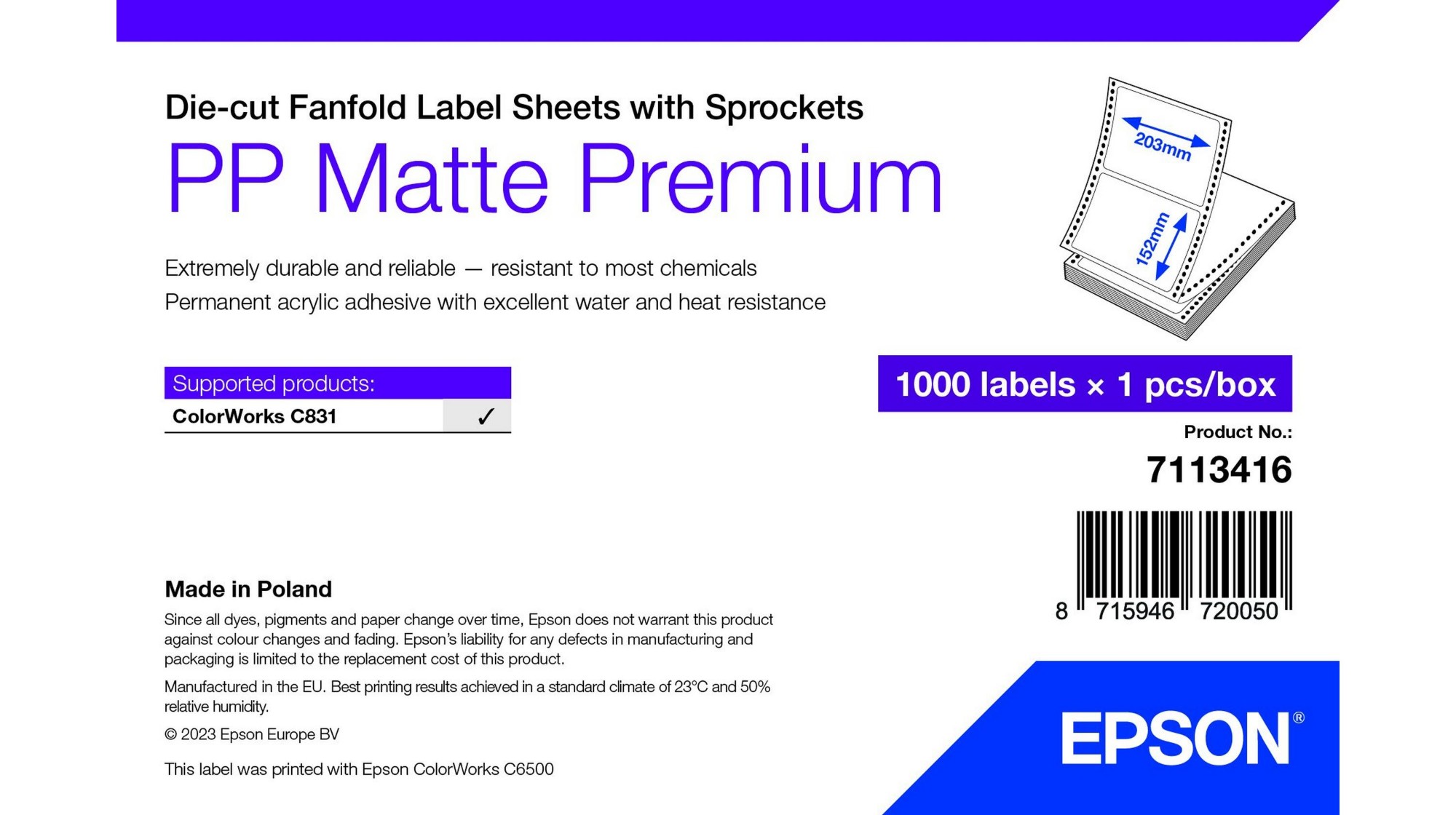 Epson PP Matte Label Premium. Die-cut Fanfold Sheets with Sprockets. 2