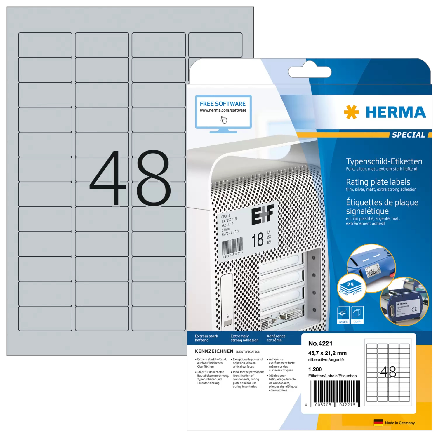 HERMA Rating plate labels A4 45.7x21.2 mm silver extra strong adhesion film matt 1200 pcs.