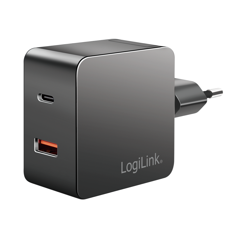 Image of LogiLink USB Wall Charger, GaN, 2port, USB-AF & USB-CF, 45W, w/PD,...