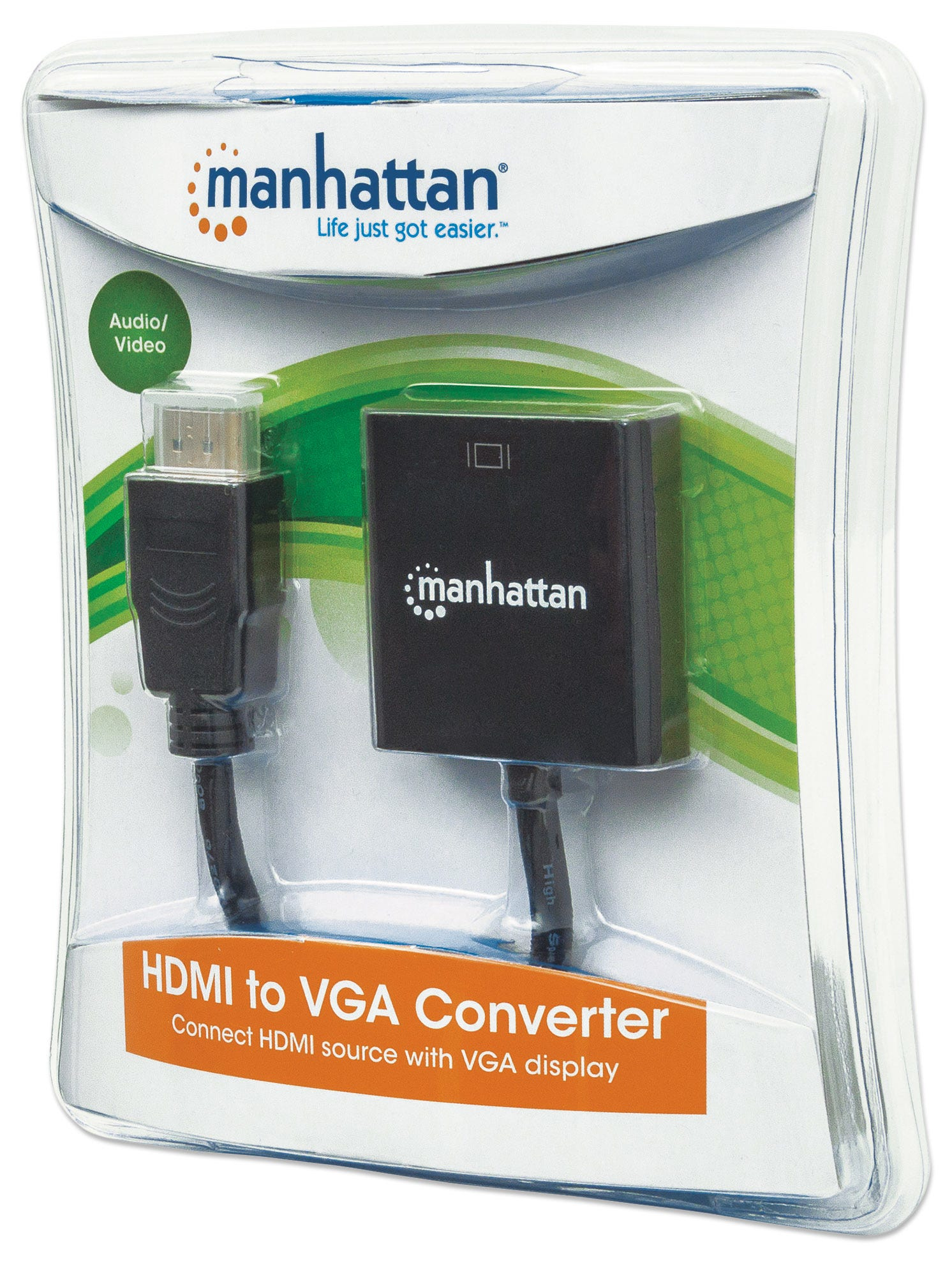 Manhattan HDMI to VGA Converter cable, 1080p, 30cm, Male to Female, Optional USB Micro-USB Power Port, Black, Blister