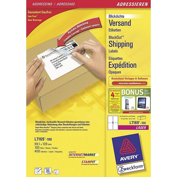 Image of Avery L7169-100 self-adhesive label White 400 pc(s)