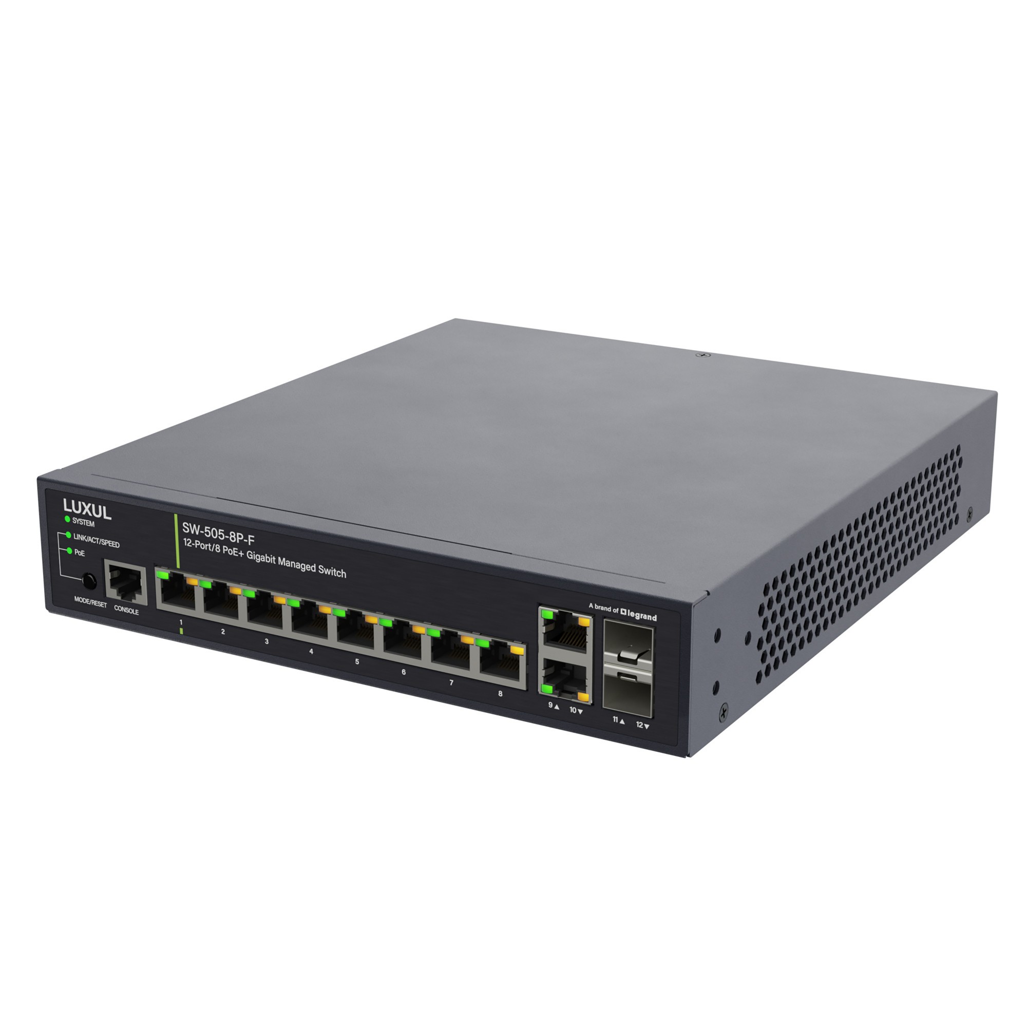 Luxul 8 PoE+ | 2 RJ45 | 2 SFP Front-Facing Ports - 1Gb L2/L3 Managed Switch, EU Power Cord