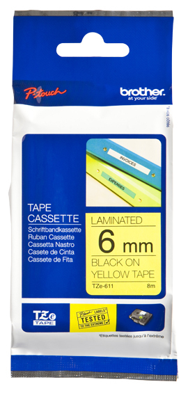 Image of Brother TZE-611 DirectLabel black on yellow Laminat 6mm x 8m for...