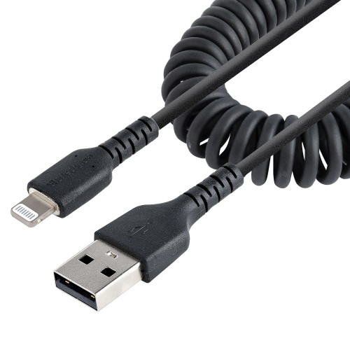 StarTech.com 50cm (20in) USB to Lightning Cable, MFi Certified, Coiled iPhone Charger Cable, Black, Durable TPE Jacket Aramid Fiber, Heavy Duty Coil Lightning Cable