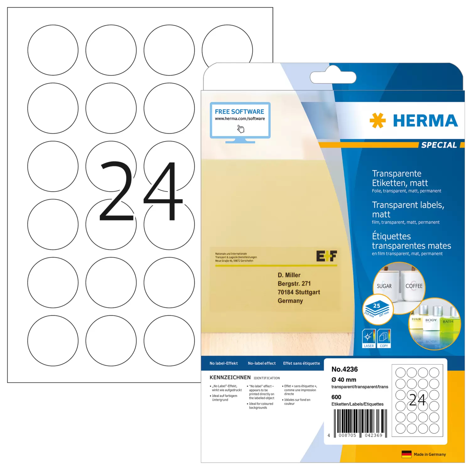 HERMA Sea labels A4 Ã˜ 40 mm round transparent extra strong adhesion film matt 600 pcs.