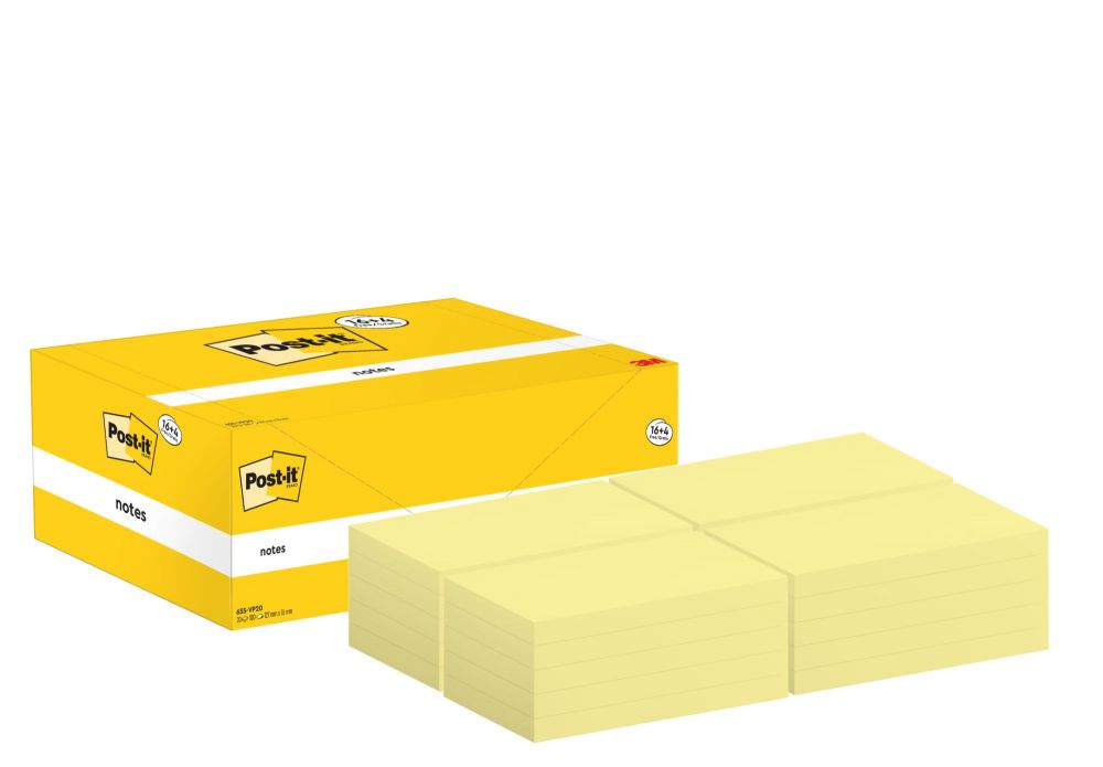 Post-It Notes Value Pack 76x127mm 100 Sheets Canary Yellow (Pack 20) 655CY-VP20 - 7100172334