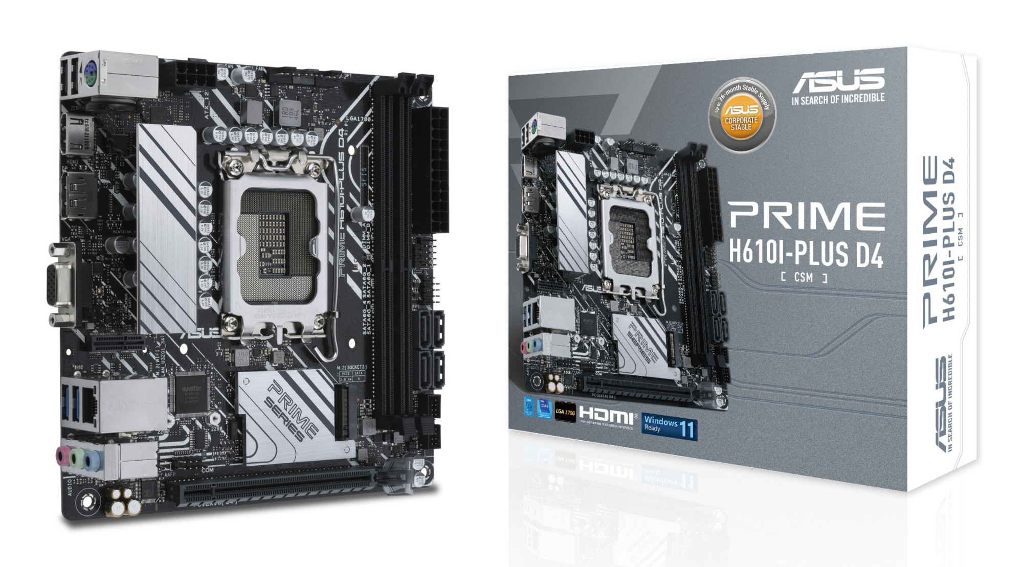 90MB1B20-M0EAYC ASUS PRIME H610I-PLUS D4-CSM - Motherboard - mini ITX - LGA1700 Socket - H610 Chipset - USB 3.2 Gen 1 - Gigabit LAN - onboard graphics (CPU required) - HD Audio (8-channel)