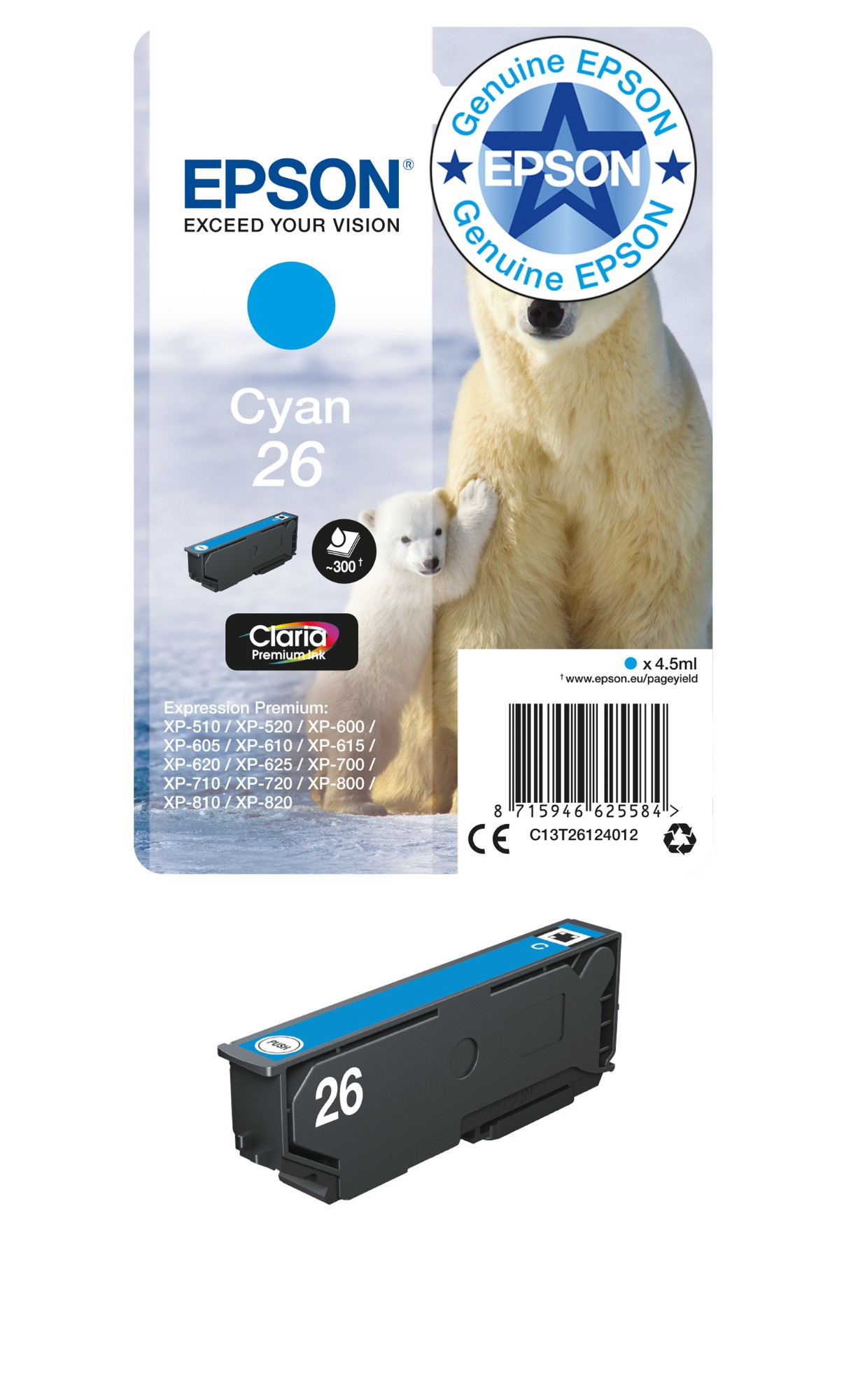 Epson C13T26124012/26 Ink cartridge cyan, 300 pages ISO/IEC 19752 4,5ml for Epson XP 600