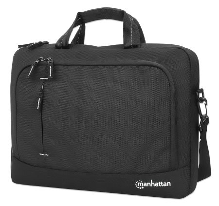 Manhattan Helsinki Eco Friendly Laptop Bag 14.1", Top Loader, Black, Padded Notebook Compartment, Front and Multiple Interior Pockets, Padded Handle, Trolley Strap, Recycled Materials, Black, Shoulder Strap (removable), Notebook Case, Three Year Warranty