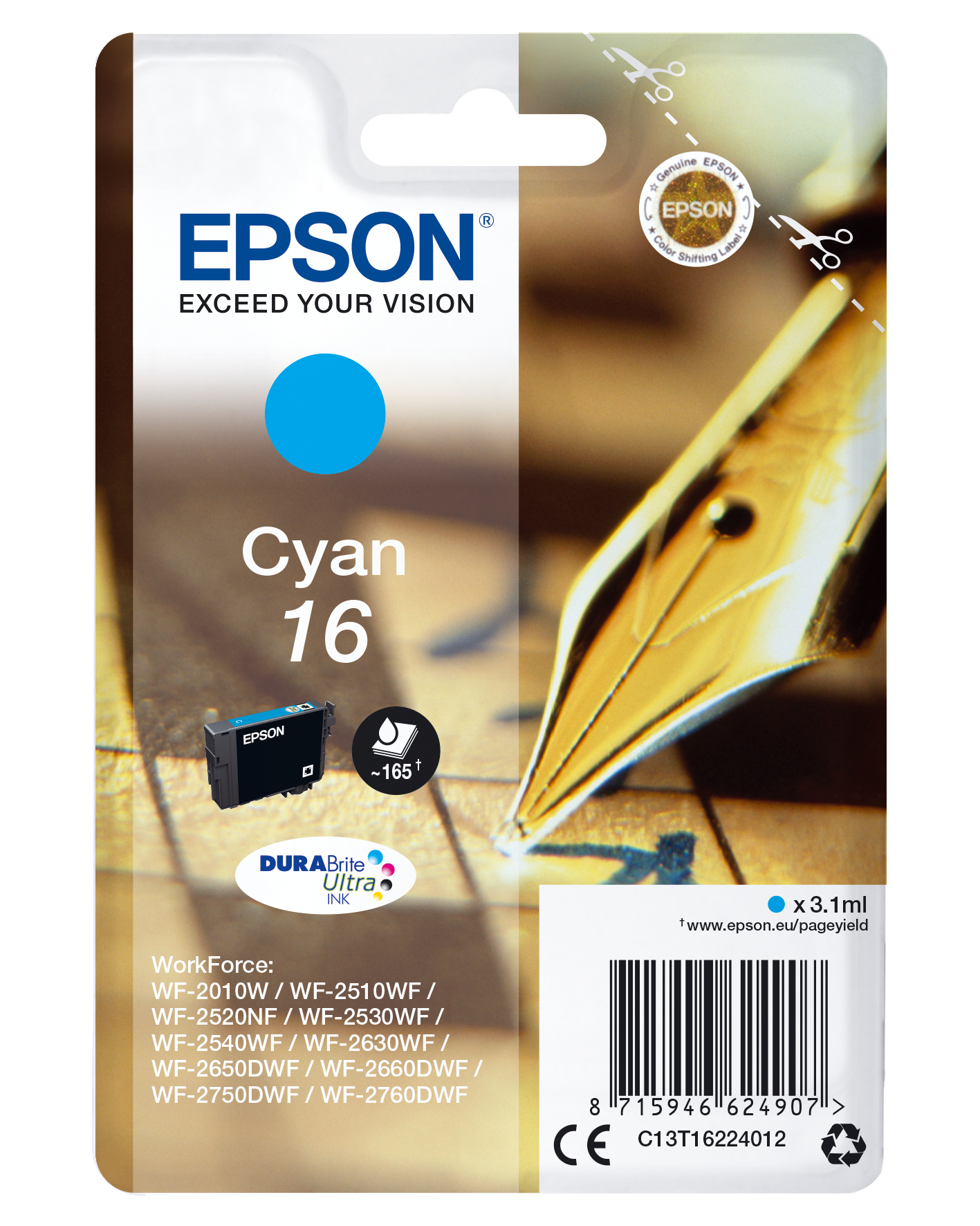 Image of Epson C13T16224012/16 Ink cartridge cyan, 165 pages 3,1ml for...