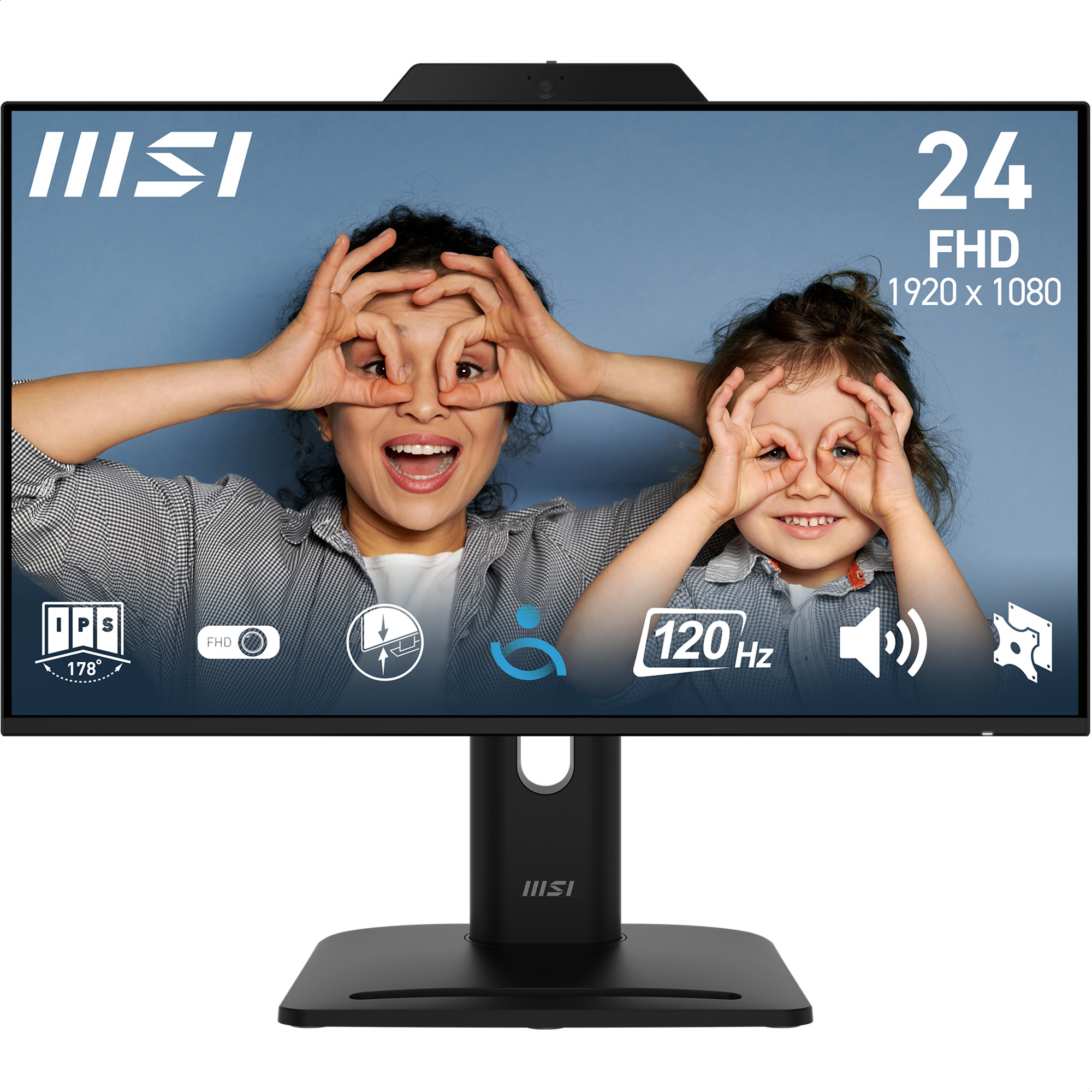MSI Pro MP242PMG 23.8 Inch Monitor, FHD (1920 x 1080), 120Hz, IPS, 1ms, 1x HDMI 1.4b, 1x DP 1.2a, 1x D-Sub(VGA), 2xUSB 5Gbps Type-A, 1x USB 5Gbps Type-B, Built-in Speakers, Webcam, Anti-Glare, Anti-Flicker, Less Blue light, TÜV Certified, VESA, Kensington