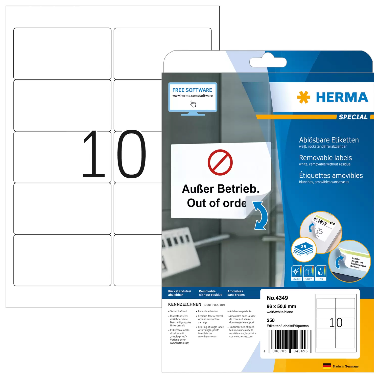 HERMA Repositionable address labels A4 96x50,8 mm white Movables 96x50,8 mm 250 pcs.