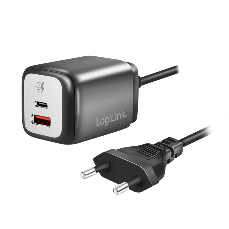 LogiLink USB Charger with fixed 1.5m cable. GaN. 2-Port. USB-AF &