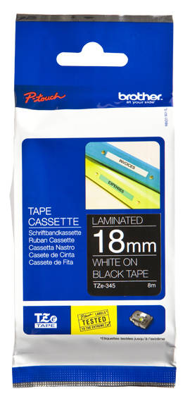 Image of Brother TZE-345 DirectLabel white on black Laminat 18mm x 8m for...