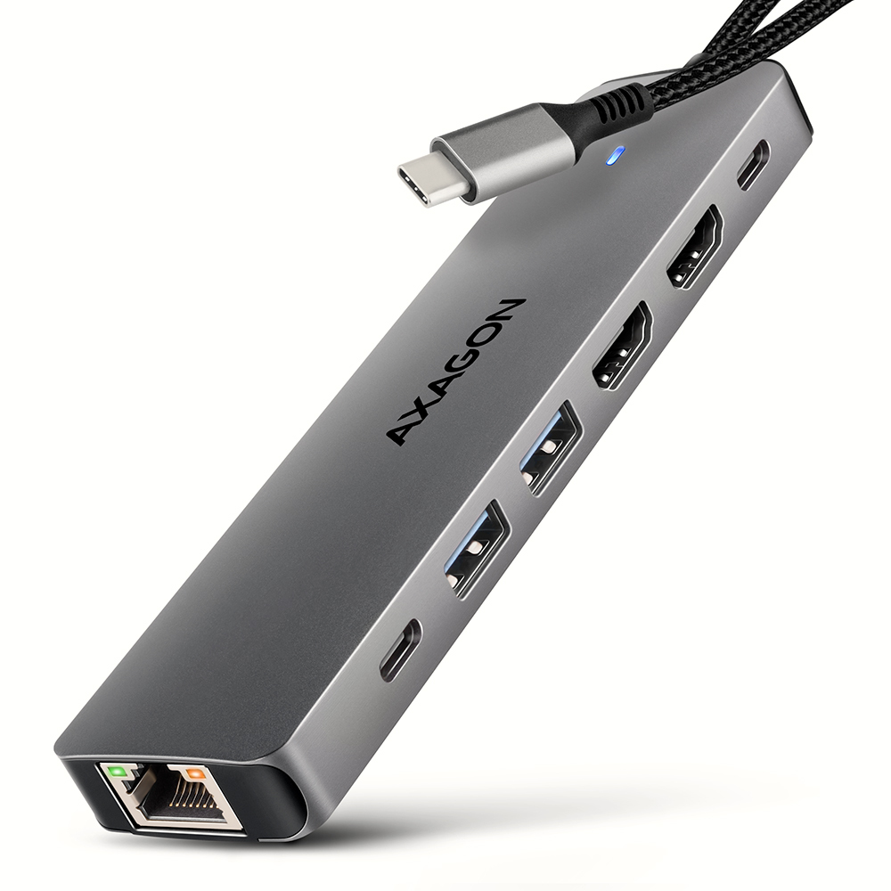 Axagon HMC-7HX2 USB 5Gbps hub. 2x USB-A. USB-C. 2x HDMI 4k/60Hz. RJ-45