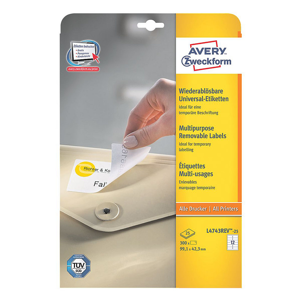 Image of Avery Removable labels, Laser, removable, 99.1 x 42.3 mm