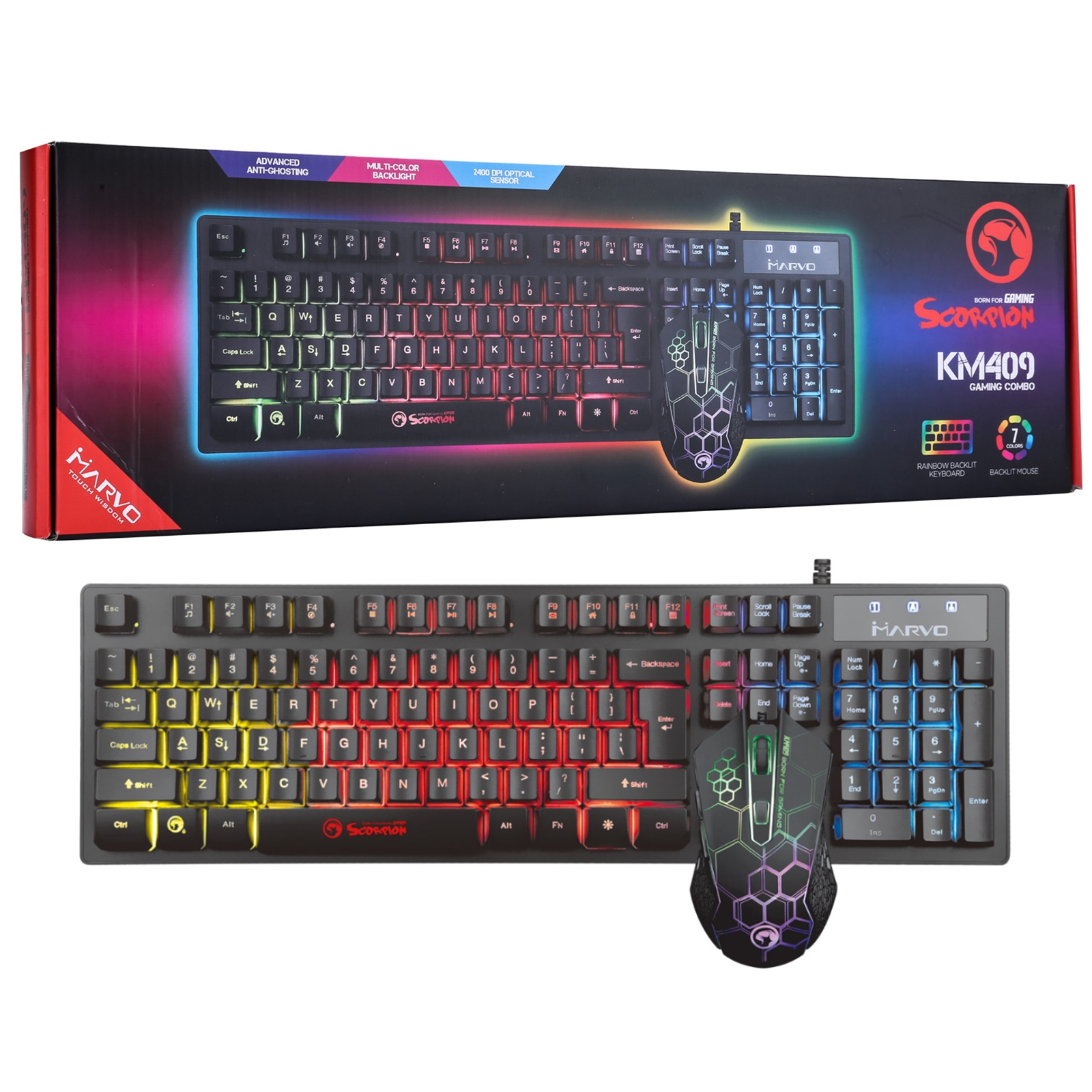 KM409-UK AIT Scorpion KM409 Gaming Keyboard and Mouse Bundle, 7 Colour LED Backlit, USB 2.0, Compact Design, with Multi-Media and Anti-ghosting Keys, Optical Sensor Mouse with Adjustable 800-2400 dpi