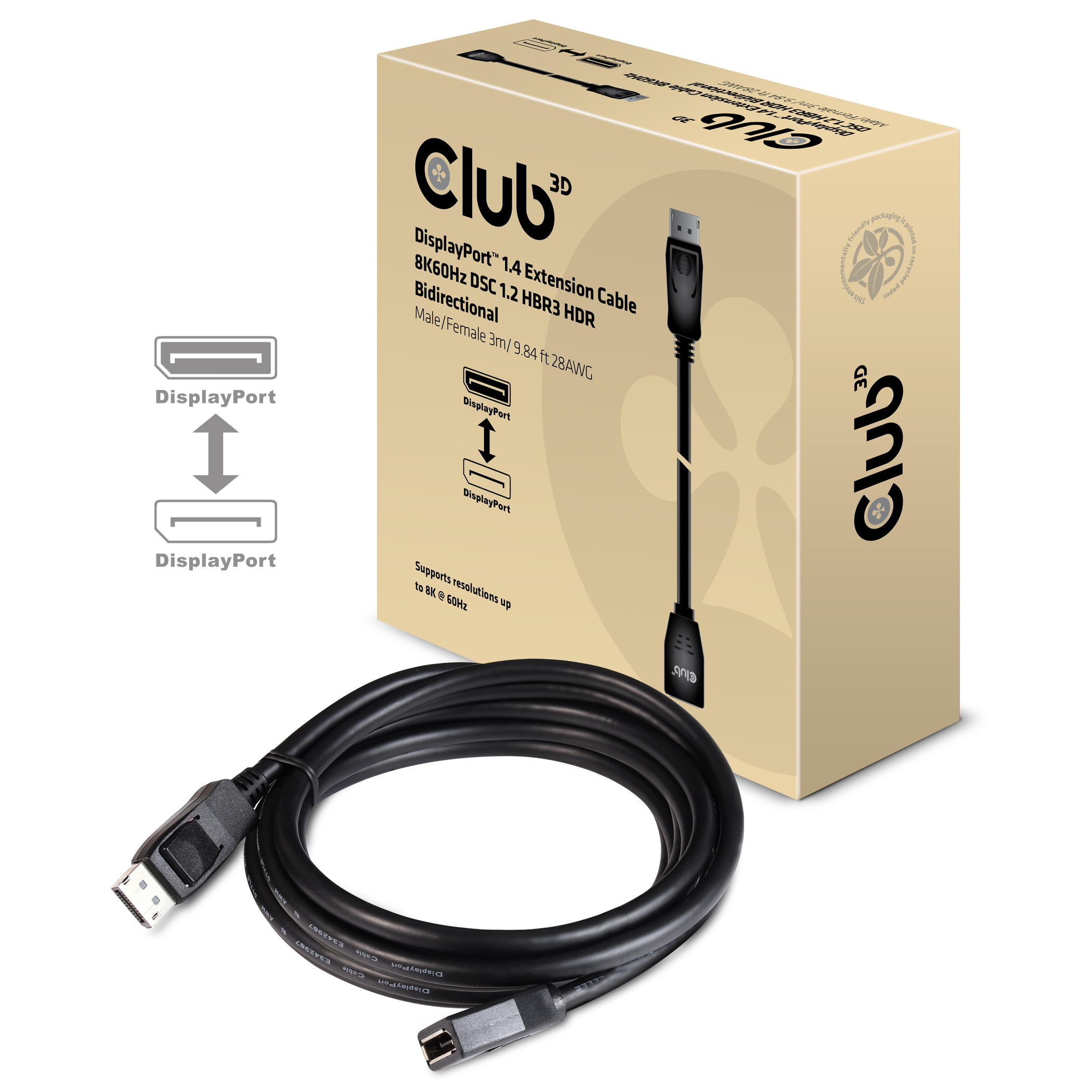 Image of CLUB3D DisplayPort 1.4 Extension Cable 8K60Hz DSC 1.2 HBR3 HDR...