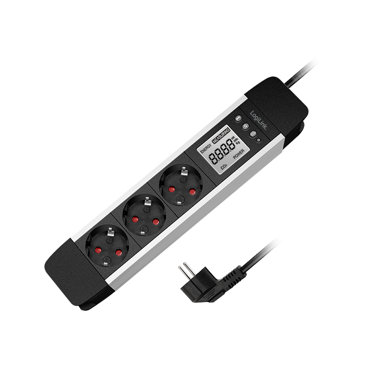 LogiLink Outlet Strip, 3 safety sockets, w/ power meter, aluminum