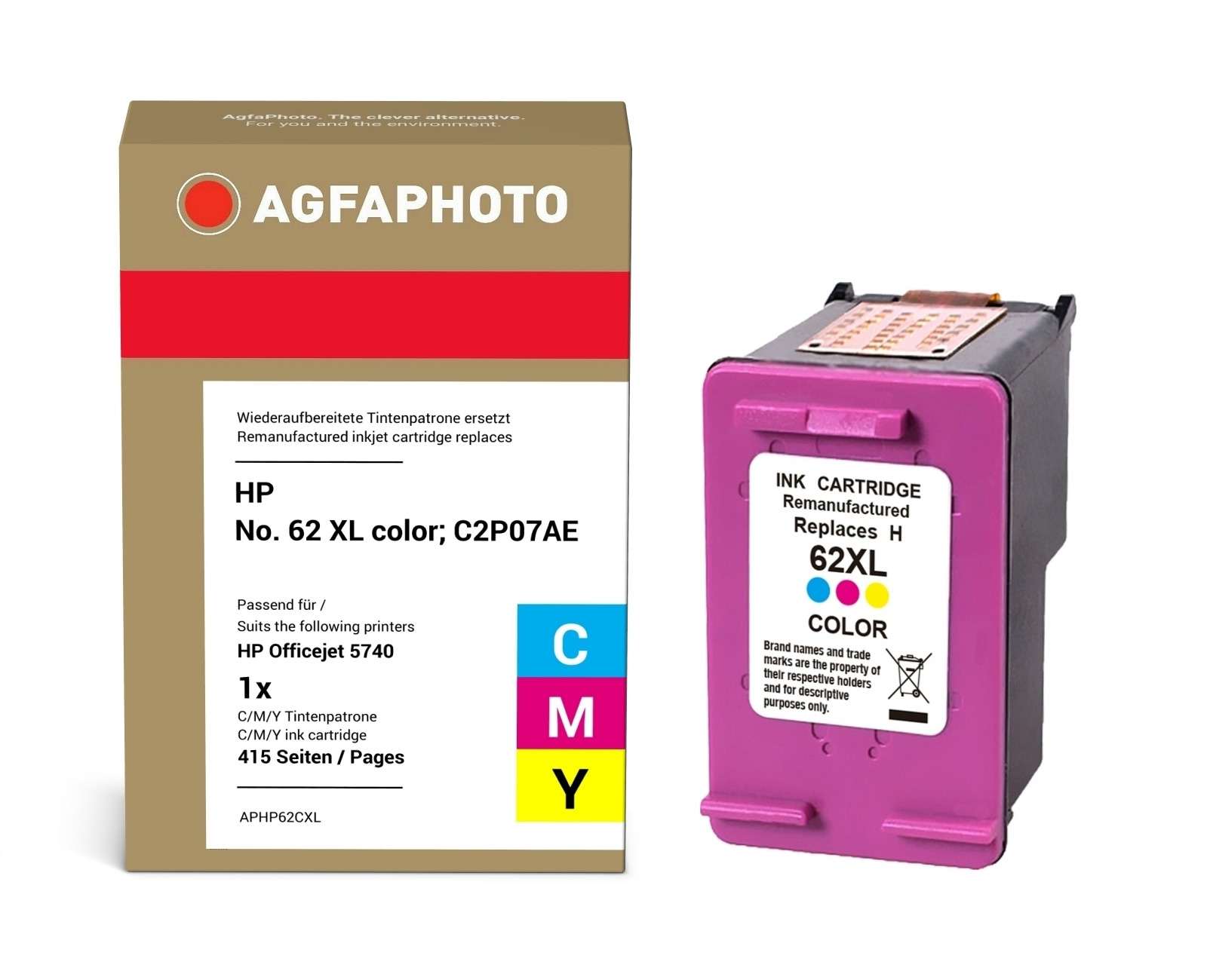 AgfaPhoto Compatible Ink Cartridge. Colour. Replacement for HP No. 62