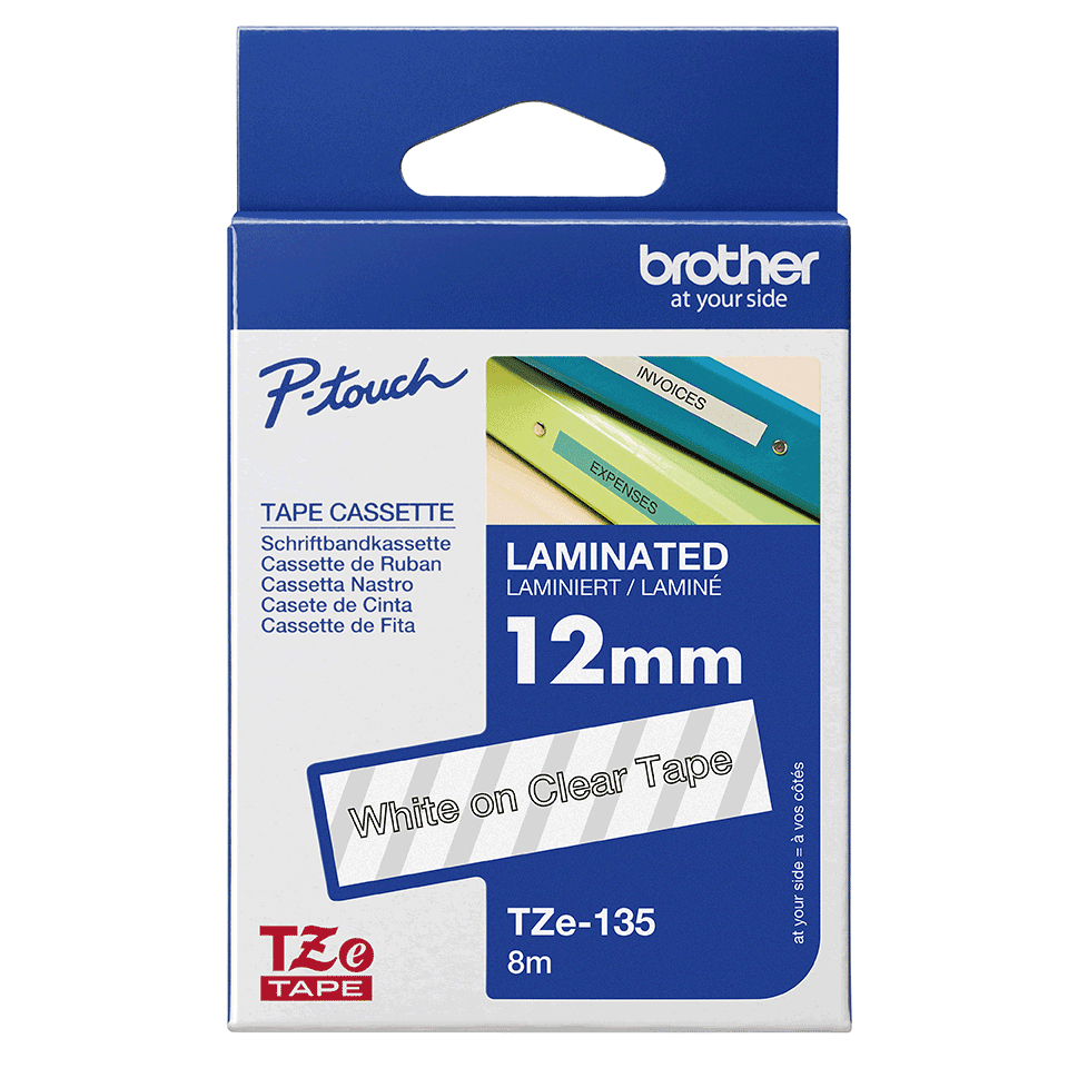 Brother TZE-135 DirectLabel white on Transparent Laminat 12mm x 8m for Brother P-Touch TZ 3.5-18mm/6-12mm/6-18mm/6-24mm/6-36mm