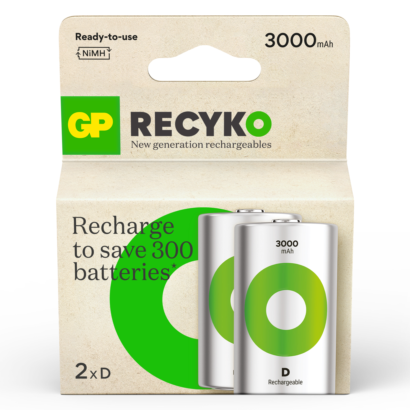 GP Batteries GP Recyko D Size 3000mAh Rechargable Battery - Pack of 2