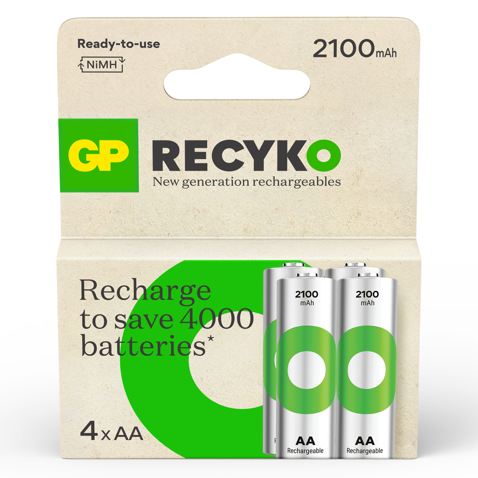 Gp Batteries Gp Recyko Aa 2100Mah Rechargable Batteries - Pack Of 4