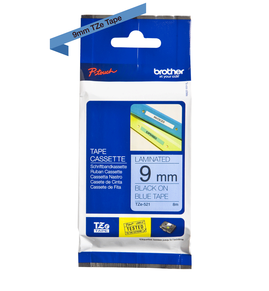 Brother TZE-521 DirectLabel black on blue Laminat 9mm x 8m for Brother P-Touch TZ 3.5-18mm/6-12mm/6-18mm/6-24mm/6-36mm