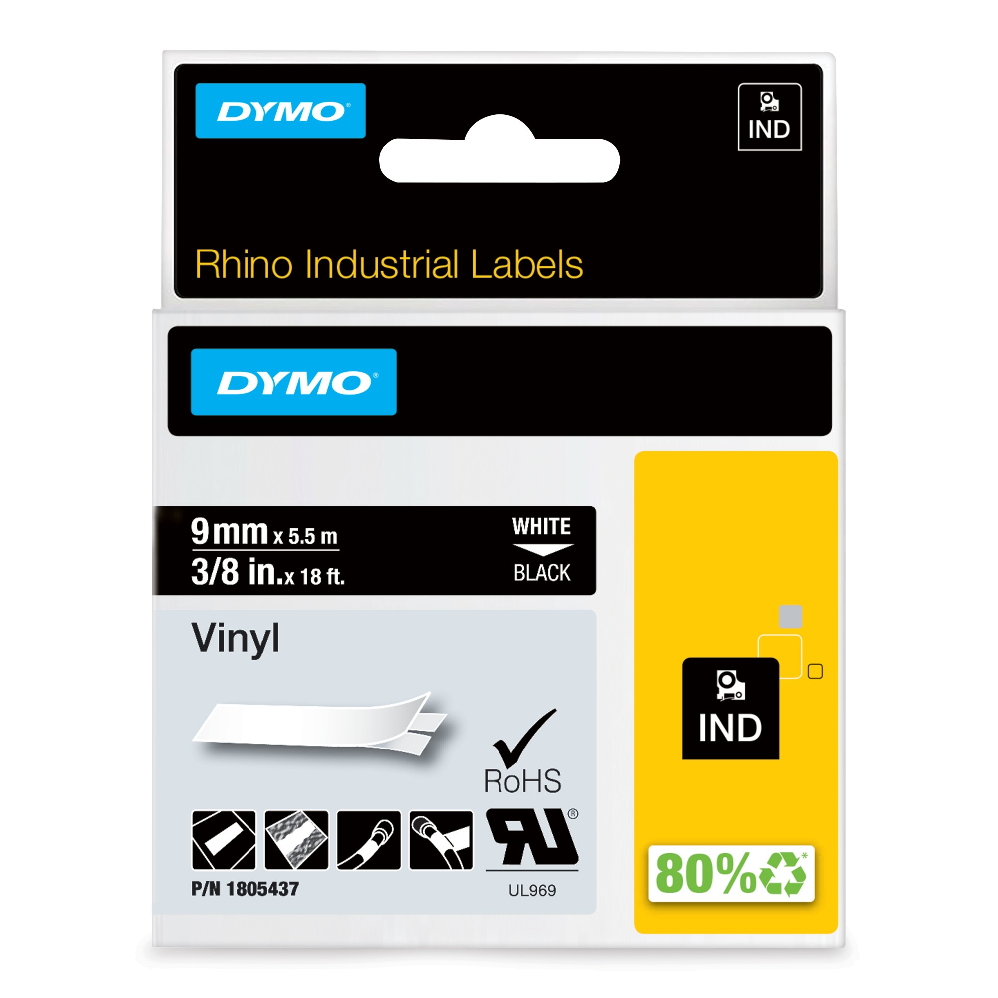 Dymo 1805437 Ribbon Vinyl white on black 9mmx5,5m for Dymo Rhino 6-12mm/19mm/24mm