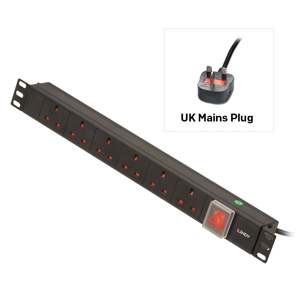 Lindy 1U 6 Way UK Sockets, Horizontal PDU with UK Plug