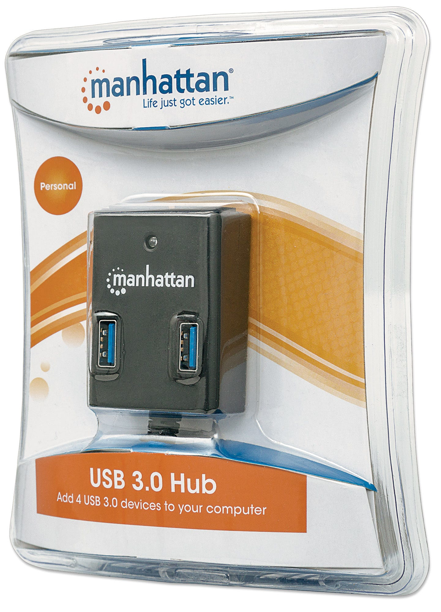 Manhattan USB-A 4-Port Hub, 4x USB-A Ports, 5 Gbps (USB 3.2 Gen1 aka USB 3.0), Bus Power, Fast charging x1 Port up to 0.9A or x4 Ports with power jack (not included), Black, Blister