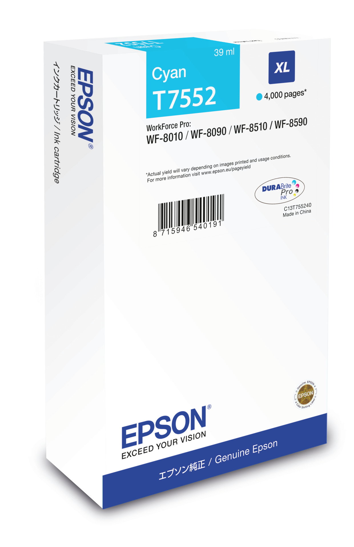 Image of Epson C13T755240/T7552 Ink cartridge cyan, 4K pages 39ml for Epson...